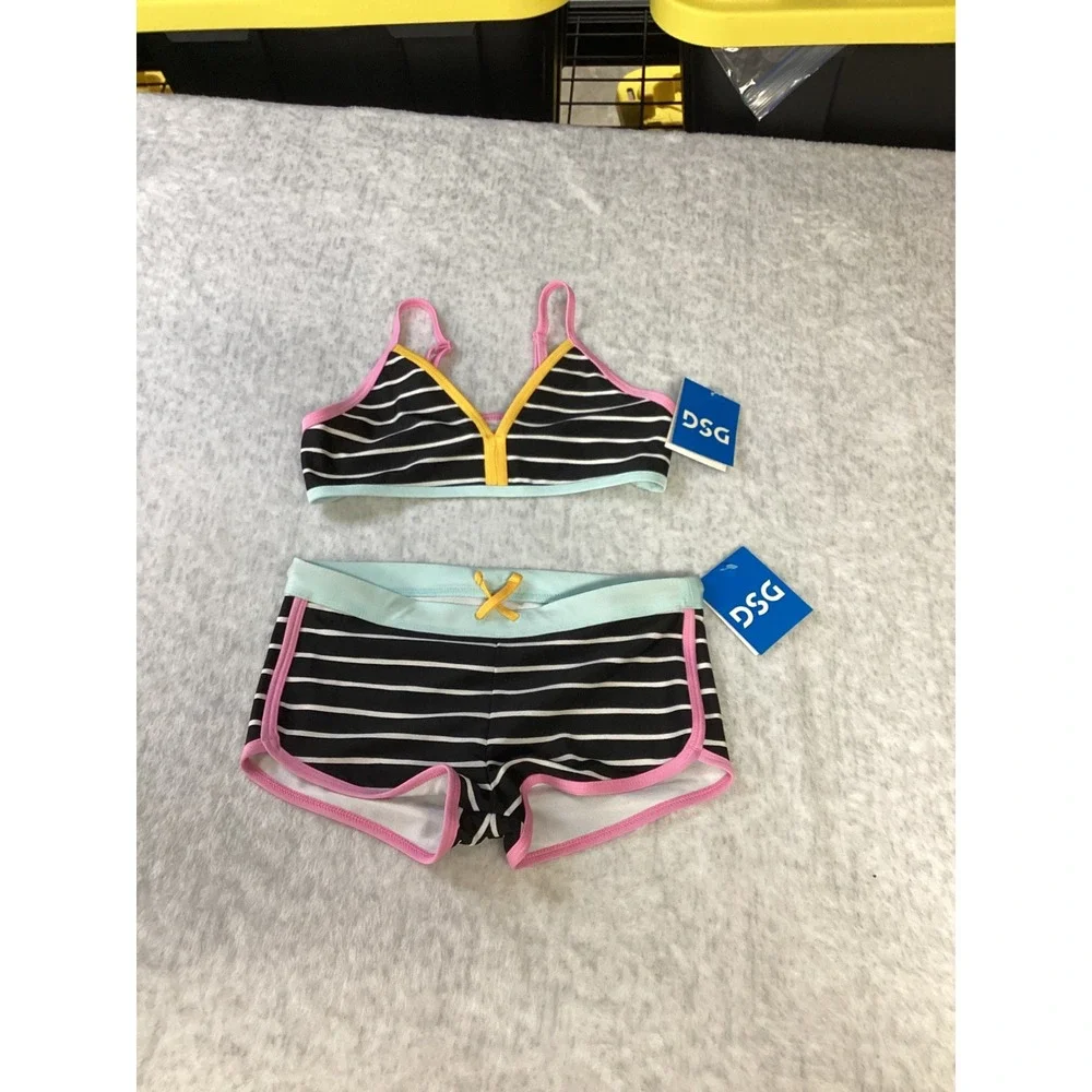 DSG Girls Sanibel Stripe Bikini Top and Dolphin‎ Hem Swim Shorts Set Size S New